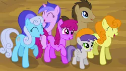 Size: 1280x720 | Tagged: safe, derpibooru import, screencap, berry punch, berryshine, carrot top, doctor whooves, golden harvest, linky, sea swirl, seafoam, shoeshine, time turner, tornado bolt, earth pony, pegasus, pony, unicorn, it's about time, background pony, female, filly, image, laughing, male, mare, png, stallion
