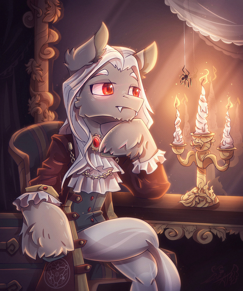 Size: 1285x1536 | Tagged: safe, artist:alexbluebird, derpibooru import, oc, oc:enigma, unofficial characters only, spider, undead, vampire, candle, chair, clothes, cloven hooves, commission, crossed legs, fire, image, jpeg, male, red eyes, sitting, solo