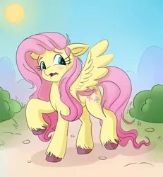 Size: 1280x1383 | Tagged: safe, artist:nedemai, derpibooru import, fluttershy, pegasus, pony, bush, colored hooves, female, floppy ears, g4 to g5, g5, image, looking at self, looking sideways, mare, open mouth, outdoors, png, raised hoof, solo, spread wings, standing, unshorn fetlocks, wavy mouth, wings