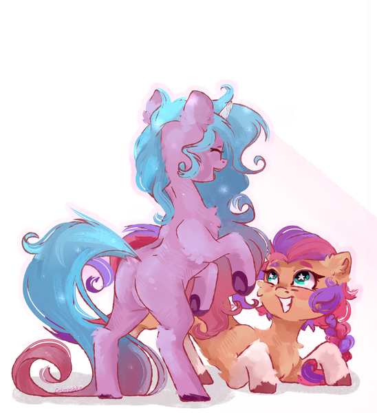 Size: 3650x4000 | Tagged: safe, artist:colorochka, derpibooru import, izzy moonbow, sunny starscout, earth pony, pony, unicorn, braid, butt, chest fluff, colored hooves, crouching, duo, ear fluff, elbow fluff, eyes closed, female, fluffy, g5, grin, heart, heart hoof, high res, image, izzy moonbutt, leg fluff, looking at someone, looking up, mare, open mouth, open smile, outline, plot, png, rearing, simple background, smiling, starry eyes, underhoof, unshorn fetlocks, white background, wingding eyes