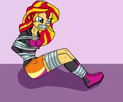 Size: 1772x1467 | Tagged: safe, artist:splendidbondage, derpibooru import, sunset shimmer, equestria girls, bondage, boots, clothes, female, gag, image, implied rape, png, shoes, skirt, solo, tape, tape bondage, tape gag, this will not end well