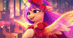 Size: 4096x2122 | Tagged: safe, artist:imalou, derpibooru import, sunny starscout, alicorn, pony, my little pony: a new generation, artificial horn, artificial wings, augmented, cute, eyeshadow, face paint, female, floral head wreath, flower, flower in hair, g5, image, jpeg, makeup, mare, markings, open mouth, raised hoof, rose, solo, sunnybetes, sunnycorn, wings