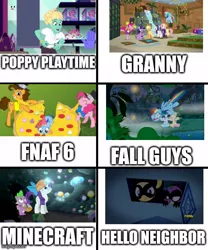 Size: 500x600 | Tagged: safe, derpibooru import, escape room, fall guys, fnaf 6, granny, hello neighbor, image, indie game, jpeg, minecraft, poppy playtime, portrayed by ponies