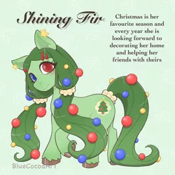 Size: 2048x2048 | Tagged: safe, artist:bluecocoaart, derpibooru import, oc, oc:shining fir, earth pony, pony, christmas, christmas ornament, cutie mark, decoration, ear piercing, eye contact, green hair, green pony, hairpin, heterochromia, holiday, image, long mane, long tail, looking at each other, piercing, pigtails, png, smiling, solo, tail, twintails, unshorn fetlocks