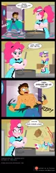 Size: 800x2452 | Tagged: safe, artist:niban-destikim, derpibooru import, pinkie pie, oc, oc:copper plume, comic:grease me up baby, equestria girls, abs, blood, blushing, clothes, comic, commission, commissioner:imperfectxiii, dialogue, diner, diner uniform, doo wop, fat, image, jpeg, kitchen, nosebleed, pudgy, pudgy pie, shirt, silly, simpsons did it, torn clothes, word balloon