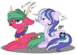 Size: 2100x1496 | Tagged: safe, artist:gallantserver, derpibooru import, oc, oc:sparkler, oc:watermelon tourmaline, unofficial characters only, pony, unicorn, antlers, female, image, lying down, magical lesbian spawn, male, mare, offspring, parent:big macintosh, parent:marble pie, parent:maud pie, parent:starlight glimmer, parents:marblemac, parents:starmaud, png, prone, red nose, reindeer antlers, simple background, stallion, transparent background