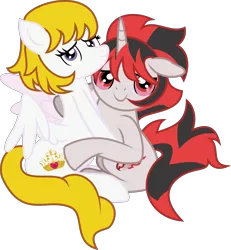 Size: 2963x3201 | Tagged: safe, artist:lincolnbrewsterfan, derpibooru import, oc, oc:zaknel, oc:zebrina, unofficial characters only, pegasus, pony, unicorn, derpibooru community collaboration, .svg available, 2022 community collab, all is well, brother, brother and sister, crown, cute, derpibooru exclusive, duo, female, happy, heart, holding each other, holding onto someone, horn, hug, image, inkscape, jewelry, looking at you, male, mare, ocbetes, pegasus oc, png, purple eyes, red eyes, regalia, sibling, sibling bonding, sibling love, siblings, simple background, sister, smiling, smiling at you, stallion, stallion oc, tail, transparent background, two toned mane, two toned tail, unicorn oc, vector, wings, yellow, yellow mane, yellow tail