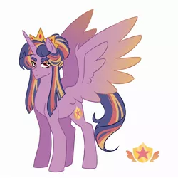 Size: 2000x2000 | Tagged: safe, artist:aylufujo, derpibooru import, oc, unofficial characters only, alicorn, pony, alicorn oc, crown, frown, horn, image, jewelry, jpeg, magical lesbian spawn, male, offspring, parent:sunset shimmer, parent:twilight sparkle, parents:sunsetsparkle, regalia, simple background, solo, stallion, white background, wings