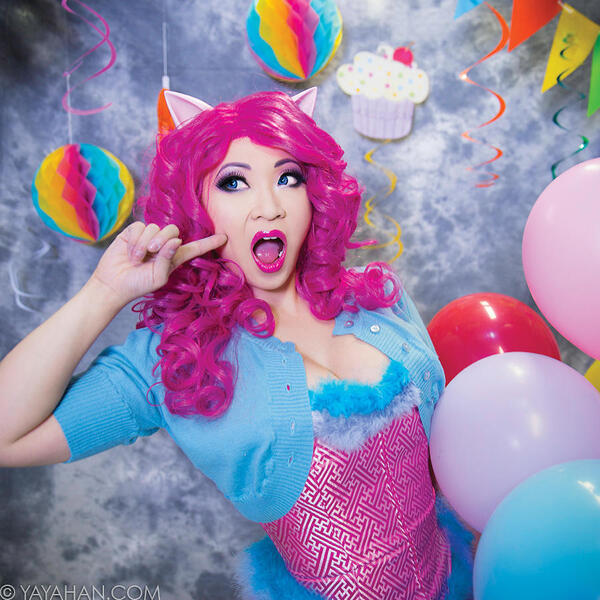 Size: 900x900 | Tagged: safe, artist:yayacosplay, derpibooru import, pinkie pie, human, 2015, balloon, clothes, cosplay, costume, image, irl, irl human, jpeg, open mouth, photo, watermark