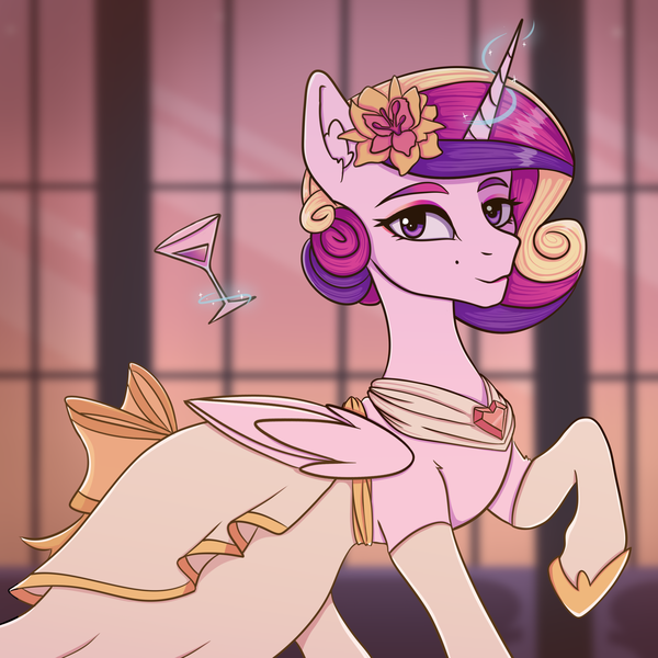 Size: 2000x2000 | Tagged: safe, artist:silverst, derpibooru import, princess cadance, alternate hairstyle, clothes, dress, flower, flower in hair, glass, image, looking at you, png, smiling