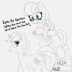 Size: 2798x2819 | Tagged: safe, artist:pabbley, derpibooru import, bon bon, lyra heartstrings, sweetie drops, earth pony, pony, unicorn, bipedal, dialogue, duo, female, grayscale, image, jpeg, mare, monochrome, neo noir, partial color, simple background, sunglasses, watch, white background, wristwatch, xbox 360