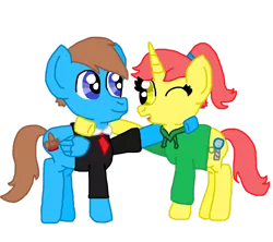 Size: 1280x1136 | Tagged: safe, artist:nightshadowmlp, derpibooru import, oc, oc:court case, oc:game point, unofficial characters only, pegasus, pony, unicorn, derpibooru community collaboration, 2022 community collab, clothes, duo, family, father and child, father and daughter, female, firealpaca, hoodie, hoof on shoulder, horn, image, male, mare, one eye closed, open mouth, pegasus oc, png, simple background, smiling, stallion, suit, transparent background, unicorn oc, wings