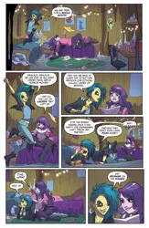 Size: 1600x2460 | Tagged: safe, artist:michela cacciatore, derpibooru import, idw, dyre, grackle, human, weasel, equestria girls, my little pony: generations, spoiler:comic, spoiler:comicgenerations01, bed, cave, chair, clothes, desk, image, jpeg, poster, trench (character), witch