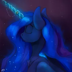 Size: 2160x2160 | Tagged: safe, artist:tenebrisnoctus, derpibooru import, princess luna, alicorn, pony, ethereal mane, eyes closed, female, galaxy mane, glow, glowing horn, horn, horn jewelry, image, jewelry, mare, png, signature, solo