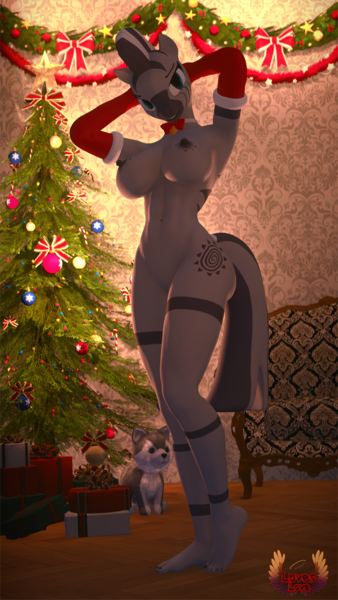 Size: 4320x7680 | Tagged: questionable, alternate version, artist:loveslove, derpibooru import, zecora, anthro, plantigrade anthro, zebra, 3d, absurd file size, absurd resolution, alternate character, amber eyes, arm behind head, barefoot, belly button, breasts, busty zecora, choker, christmas, christmas presents, christmas tree, clothes, commission, commissioner:nerothewizard, complete nudity, evening gloves, eyebrows, eyelashes, feet, female, gloves, holiday, image, long gloves, looking at you, nipples, nudity, open mouth, png, solo, solo female, source filmmaker, standing, tail, tree, ych result