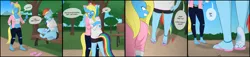 Size: 6800x1545 | Tagged: suggestive, artist:a_friendly_guest, derpibooru import, rainbow dash, oc, oc:cuteamena, oc:electric blue, anthro, angry, comic, commission, dialogue, feet, fetish, flip-flops, foot fetish, image, micro, park, png, sandals, soles, speech bubble, tree