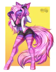 Size: 2639x3410 | Tagged: safe, artist:ask-colorsound, derpibooru import, oc, oc:lillybit, unofficial characters only, anthro, adorkable, bow, clothes, controller, cute, dork, gaming headset, headphones, headset, image, png, ribbon, scarf, smiling