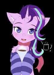 Size: 2500x3500 | Tagged: safe, artist:lunar froxy, derpibooru import, starlight glimmer, pony, unicorn, black background, blushing, clothes, coffee, eyebrows, eyebrows visible through hair, female, image, jpeg, looking at you, mare, simple background, socks, solo