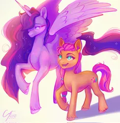Size: 2001x2048 | Tagged: safe, artist:ever-cw, derpibooru import, princess twilight 2.0, sunny starscout, twilight sparkle, twilight sparkle (alicorn), alicorn, earth pony, pony, my little pony: a new generation, the last problem, duo, female, g5, image, jpeg, looking at each other, looking at someone, mare, older, older twilight, signature, simple background, smiling, sunny and her heroine