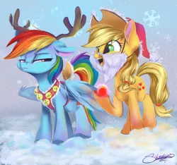 Size: 1280x1200 | Tagged: safe, artist:sketchiix3, derpibooru import, applejack, rainbow dash, earth pony, pegasus, pony, christmas, fake beard, fake horn, fake tail, hat, holiday, image, open mouth, png, rainbow dash is not amused, rudolph the red nosed reindeer, santa hat, snow, unamused