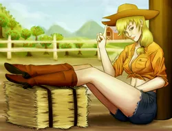 Size: 5800x4436 | Tagged: suggestive, artist:guyser3, derpibooru import, applejack, human, applejack's hat, barn, boots, breasts, busty applejack, clothes, cowboy hat, crossed legs, daisy dukes, feet, feet up, female, fence, foot focus, front knot midriff, hat, hay bale, humanized, image, jpeg, midriff, shoes, shorts, signature, sitting, solo, solo female, sweet apple acres