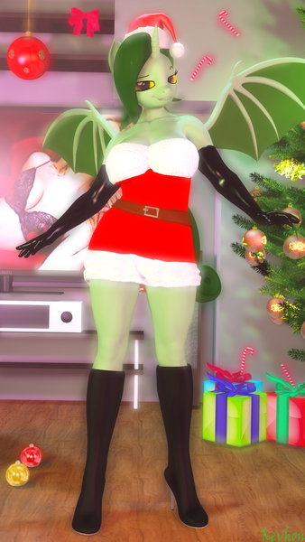 Size: 2160x3840 | Tagged: suggestive, artist:kevhon, derpibooru import, oc, oc:denali lunamoon, anthro, bat pony, human, 3d, boots, breasts, christmas, christmas lights, christmas tree, clothes, commission, costume, female, gloves, hat, high heel boots, holiday, image, looking at you, png, santa costume, santa hat, shoes, solo, solo female, source filmmaker, television, tree, wings, ych result