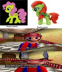 Size: 1584x1840 | Tagged: safe, artist:thegamerpainter, derpibooru import, peachy sweet, earth pony, original species, plush pony, pony, apple family member, image, looking at you, mario, pinkie pie hair, plushie, png, smg4, solo, super mario bros., youtube, youtube link