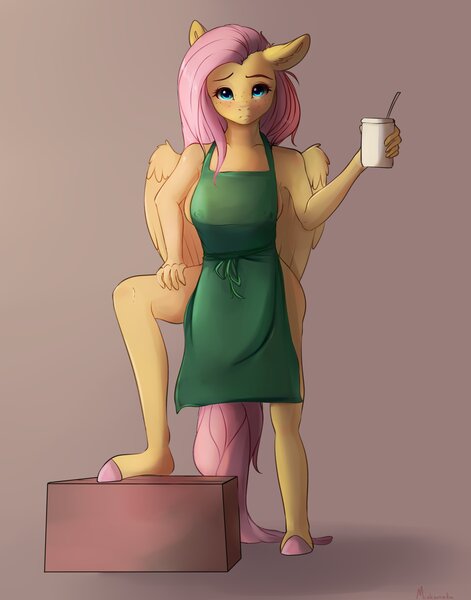 Size: 2568x3274 | Tagged: questionable, artist:miokomata, derpibooru import, fluttershy, anthro, unguligrade anthro, apron, breasts, busty fluttershy, clothes, coffee cup, colored hooves, cup, ear fluff, erect nipples, female, freckles, freckleshy, iced latte with breast milk, image, jpeg, looking at you, meme, naked apron, nipple outline, partial nudity, solo, solo female