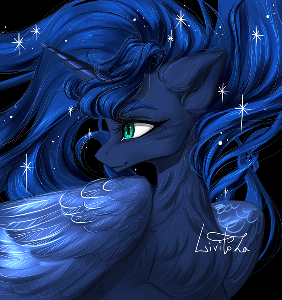 Size: 3000x3200 | Tagged: safe, artist:livitoza, derpibooru import, princess luna, alicorn, pony, black background, chest fluff, ethereal mane, female, high res, image, mare, png, profile, simple background, solo, starry mane