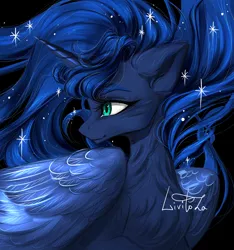 Size: 3000x3200 | Tagged: safe, artist:livitoza, derpibooru import, princess luna, alicorn, pony, black background, chest fluff, ethereal mane, female, high res, image, mare, png, profile, simple background, solo, starry mane