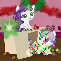 Size: 1000x1000 | Tagged: safe, artist:ashakalovsky, artist:noctissky, derpibooru import, oc, oc:lacetail, oc:sharpclaw, dracony, hybrid, pony, baby, base used, box, christmas, christmas lights, colt, female, filly, foal, happy, holiday, image, interspecies offspring, male, offspring, ornaments, parent:rarity, parent:spike, parents:sparity, png, siblings, watermark