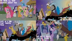Size: 1280x720 | Tagged: safe, derpibooru import, edit, edited screencap, editor:quoterific, screencap, applejack, discord, fluttershy, pinkie pie, rainbow dash, rarity, spike, twilight sparkle, twilight sparkle (alicorn), zecora, alicorn, draconequus, dragon, earth pony, pegasus, pony, unicorn, zebra, princess twilight sparkle (episode), season 4, applejack's hat, cowboy hat, crying, element of generosity, element of honesty, element of kindness, element of laughter, element of loyalty, element of magic, elements of harmony, eyes closed, female, flying, hat, image, male, mane seven, mane six, mare, newspaper, open mouth, png