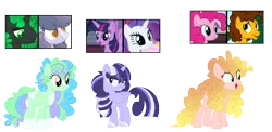 Size: 1500x733 | Tagged: safe, artist:tragedy-kaz, derpibooru import, cheese sandwich, pinkie pie, rarity, twilight sparkle, twilight sparkle (alicorn), alicorn, earth pony, pony, unicorn, base used, eyelashes, female, image, magical lesbian spawn, male, mare, offspring, parent:cheese sandwich, parent:pinkie pie, parent:rarity, parent:twilight sparkle, parents:cheesepie, parents:oc x oc, parents:rarilight, png, screencap reference, simple background, smiling, stallion, transparent background