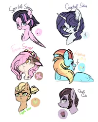 Size: 2148x2673 | Tagged: safe, artist:enifersuch, derpibooru import, oc, unofficial characters only, earth pony, pegasus, pony, unicorn, bust, earth pony oc, frown, hair over one eye, horn, image, parent:applejack, parent:fluttershy, parent:pinkie pie, parent:rainbow dash, parent:rarity, parent:twilight sparkle, pegasus oc, png, simple background, smiling, unicorn oc, white background, wings