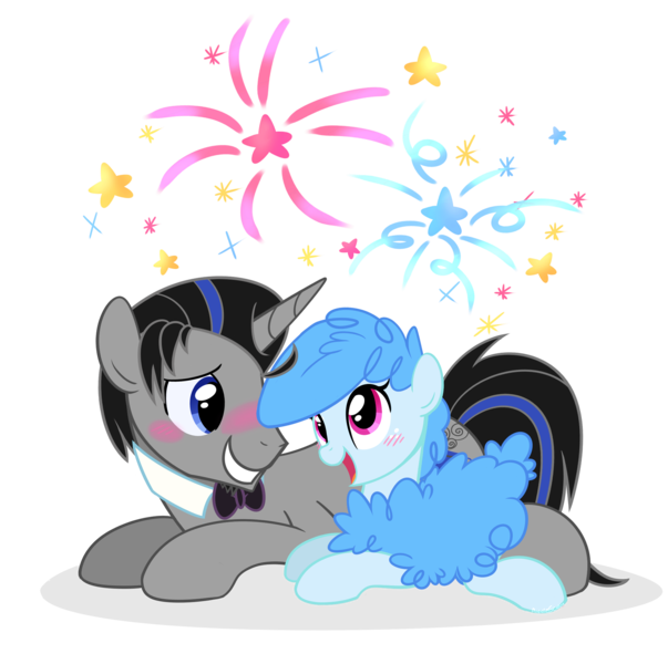Size: 1888x1880 | Tagged: safe, artist:khimi-chan, derpibooru import, oc, oc:curly mane, oc:earl grey, unofficial characters only, pony, sheep, sheep pony, blushing, bowtie, chest fluff, duo, eyelashes, female, fireworks, image, male, mare, oc x oc, png, shipping, simple background, smiling, stallion, transparent background