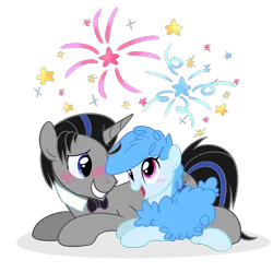 Size: 1888x1880 | Tagged: safe, artist:khimi-chan, derpibooru import, oc, oc:curly mane, oc:earl grey, unofficial characters only, pony, sheep, sheep pony, blushing, bowtie, chest fluff, duo, eyelashes, female, fireworks, image, male, mare, oc x oc, png, shipping, simple background, smiling, stallion, transparent background