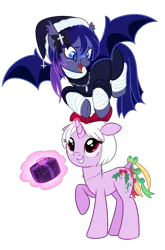 Size: 1616x2452 | Tagged: safe, artist:khimi-chan, derpibooru import, oc, unofficial characters only, bat pony, pony, unicorn, bat pony oc, bat wigns, bat wings, christmas, clothes, eyelashes, female, flying, grin, hat, holiday, holly, horn, image, looking down, magic, mare, nun, png, present, santa hat, simple background, smiling, spread wings, telekinesis, transparent background, unicorn oc, wings