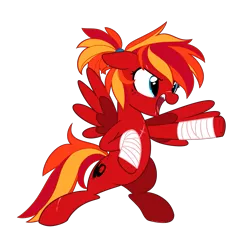Size: 1985x2000 | Tagged: safe, alternate version, artist:khimi-chan, derpibooru import, oc, oc:fire strike, unofficial characters only, pegasus, pony, arm wraps, bipedal, eyelashes, female, freckles, image, mare, open mouth, pegasus oc, png, punch, scar, sharp teeth, simple background, teeth, transparent background, underhoof, wings