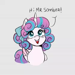 Size: 1080x1080 | Tagged: safe, artist:aylufujo, derpibooru import, princess flurry heart, alicorn, pony, :d, bust, eyelashes, female, gray background, horn, image, jpeg, mare, older, older flurry heart, open mouth, open smile, simple background, smiling, solo, talking, wings