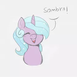 Size: 1080x1080 | Tagged: safe, artist:aylufujo, derpibooru import, idw, radiant hope, pony, unicorn, :d, bust, eyelashes, female, gray background, hair over one eye, horn, image, jpeg, mare, open mouth, open smile, simple background, smiling, solo, talking