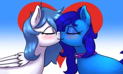 Size: 1281x776 | Tagged: safe, artist:jiralightstalker, derpibooru import, oc, oc:delly, oc:graceful motion, unofficial characters only, pegasus, pony, unicorn, collar, commission, cute, eyes closed, female, heart, image, kissing, lesbian, mare, oc x oc, png, shipping, ych result