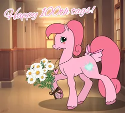 Size: 2560x2328 | Tagged: safe, artist:muhammad yunus, derpibooru import, ponified, earth pony, pony, aelita schaeffer, bow, bowtie, code lyoko, congratulations, crossover, derpibooru exclusive, flower, g2, ibispaint x, image, jewelry, looking at you, necklace, png, smiling, smiling at you, solo, tail, tail bow