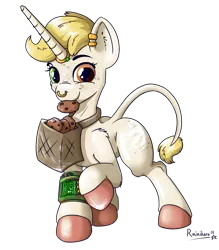 Size: 2172x2480 | Tagged: safe, artist:rainihorn, derpibooru import, oc, oc:lollipop, unofficial characters only, pony, unicorn, derpibooru community collaboration, 2022 community collab, basket, cookie, food, hooves, image, jewelry, male, pip-boy, pipbuck, png, ring, simple background, solo, stallion, transparent background