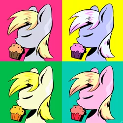 Size: 2894x2894 | Tagged: safe, artist:bubbletea, derpibooru import, derpy hooves, pegasus, pony, background pony, colourful, cute, derp, dizzy doo, food, g4, image, modern art, muffin, png, pop art