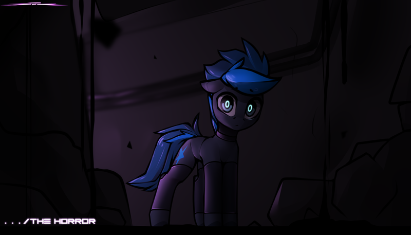 Size: 2160x1235 | Tagged: safe, artist:deafjaeger, derpibooru import, oc, oc:vibrant star, unofficial characters only, earth pony, pony, basement, clothes, collar, dream, earth pony oc, gift art, horror, image, looking at you, png, scenery, socks, standing