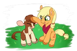 Size: 1800x1200 | Tagged: safe, artist:redahfuhrerking, derpibooru import, applejack, cow, pony, them's fightin' herds, arizona (tfh), community related, grass, head pat, image, pat, png, simple background, transparent background