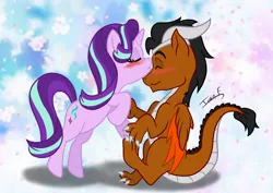Size: 3508x2481 | Tagged: safe, artist:memprices, derpibooru import, starlight glimmer, oc, oc:draco k-night blaze, dracony, dragon, hybrid, blushing, cute, cutie mark, high res, image, kissing, original character do not steal, png, request, requested art, smooching, vector