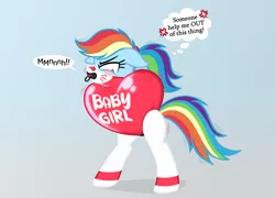 Size: 1500x1080 | Tagged: suggestive, artist:nxzc88, derpibooru import, rainbow dash, pegasus, pony, alternate hairstyle, angry, bipedal, blushing, bondage, cross-popping veins, cute, female, fetish, floppy ears, gag, gradient background, heart, humiliation, image, inflatable, inflatable fetish, latex, mare, muffled words, pacifier, pacifier gag, png, ponytail, rainbow dash is not amused, rubber, simple background, solo, speech bubble, straitjacket, thought bubble, unamused