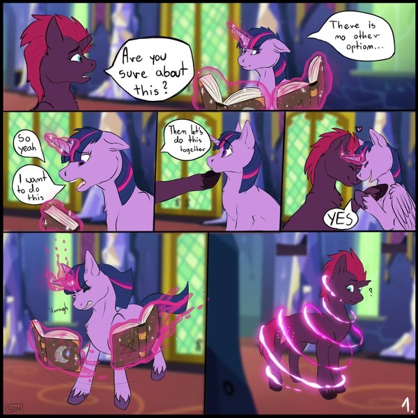 Size: 1280x1280 | Tagged: safe, derpibooru import, tempest shadow, twilight sparkle, twilight sparkle (alicorn), oc, oc:blueberryshot, alicorn, unicorn, comic:how blueberryshot was born, caring, comic, couple, female, gender, gender swap potion, image, jpeg, lesbian, love, magic, original comic, power, rule 63, spell, story, tempest, transform, transformation, twilight's castle