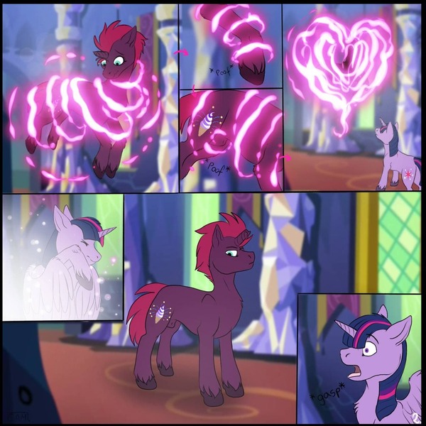 Size: 1280x1280 | Tagged: safe, derpibooru import, tempest shadow, twilight sparkle, twilight sparkle (alicorn), oc, oc:blueberryshot, alicorn, unicorn, comic:how blueberryshot was born, caring, comic, couple, female, gender, gender swap potion, glow, image, jpeg, lesbian, love, magic, original comic, power, rule 63, spell, story, tempest, transform, transformation, twilight sparkleg castle